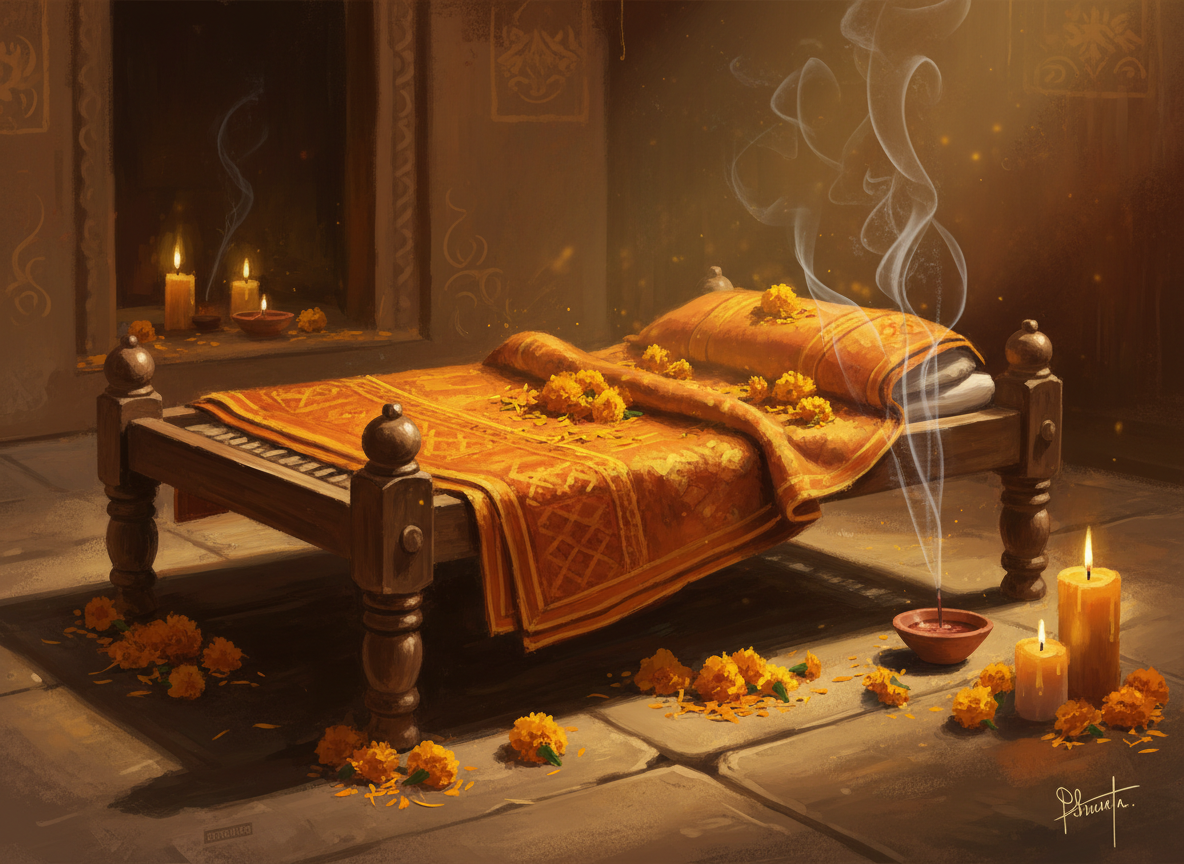 Maharaj-ji's woolen blanket on wooden takhat with marigolds and candlelight