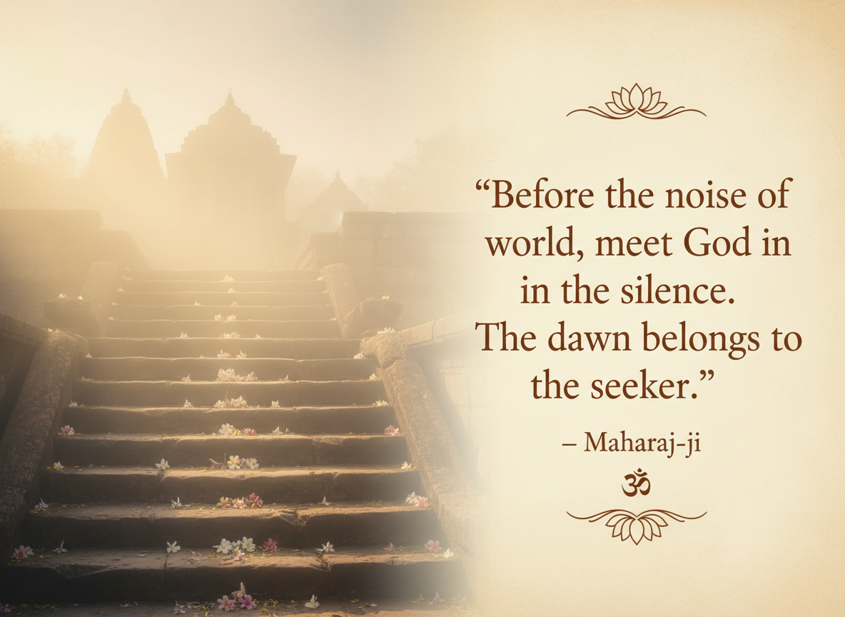 Stone temple steps at sunrise with marigold petals